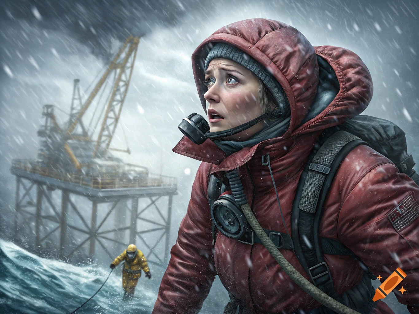 Person in red parka and gas mask looks up in a snowstorm near an oil rig.
