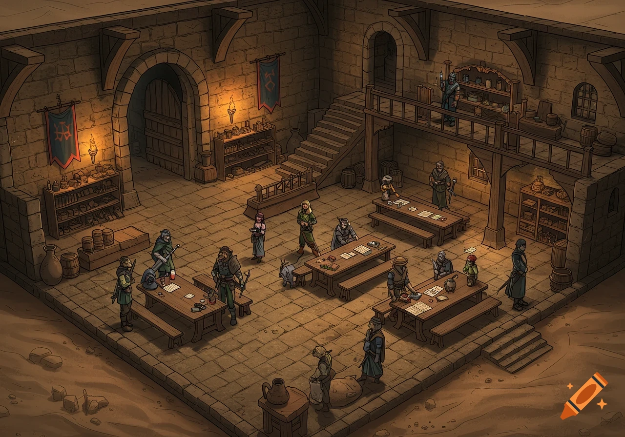 Isometric fantasy battlemap of an adventurer's guild hall in a desert setting. Features adventurers, tables, and stairs.