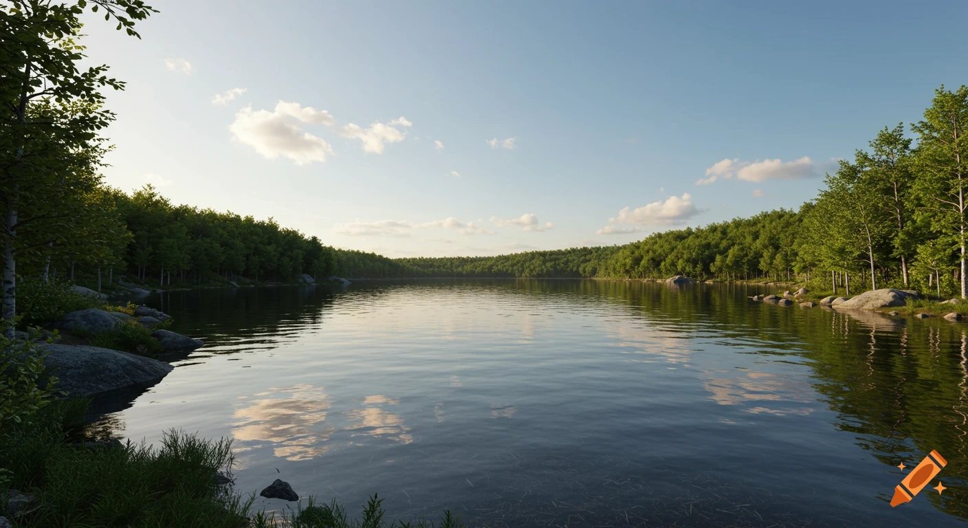 A hyper-realistic image of a calm lake surrounded by lush green trees under a clear sky.