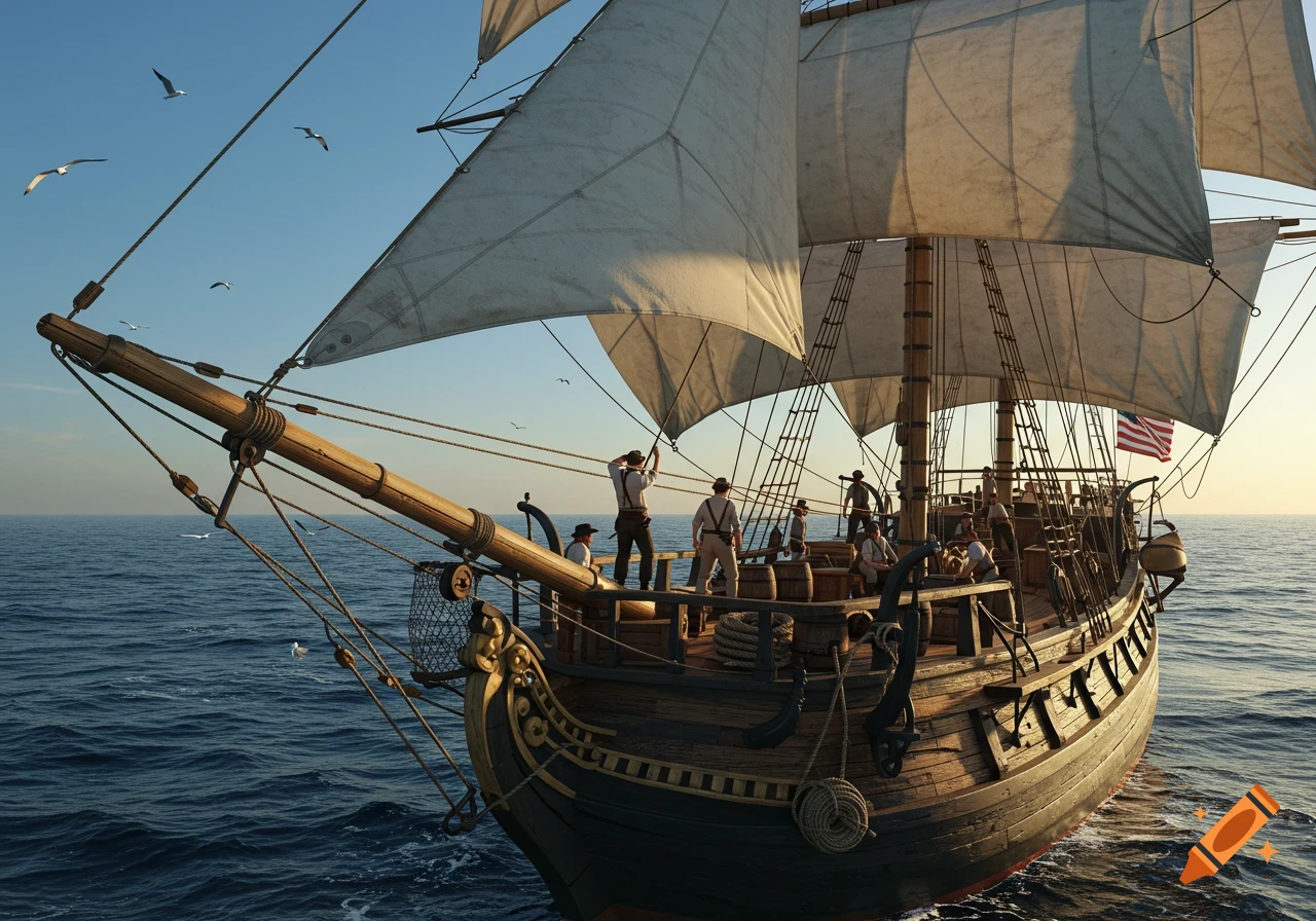 Realistic image of a large sailing ship with sails up on the ocean with sailors on deck.