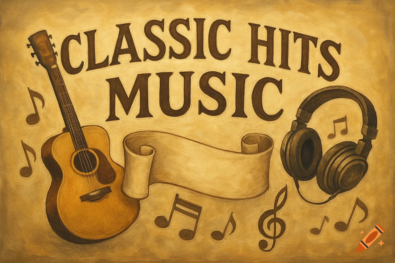 Drawing of a guitar, headphones, and music notes with a banner saying 'Classic Hits Music' on a textured background.