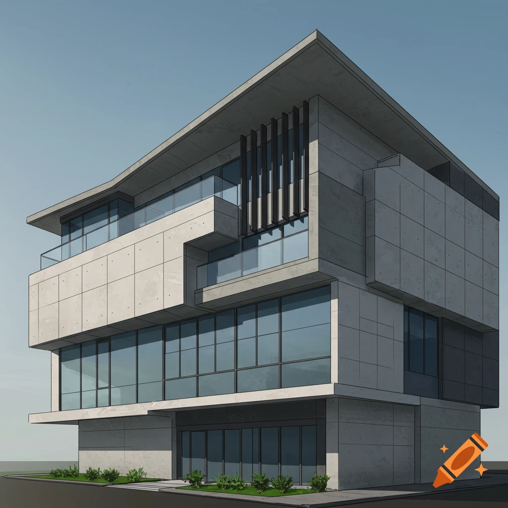 A 3D architectural rendering of a modern concrete and glass building.