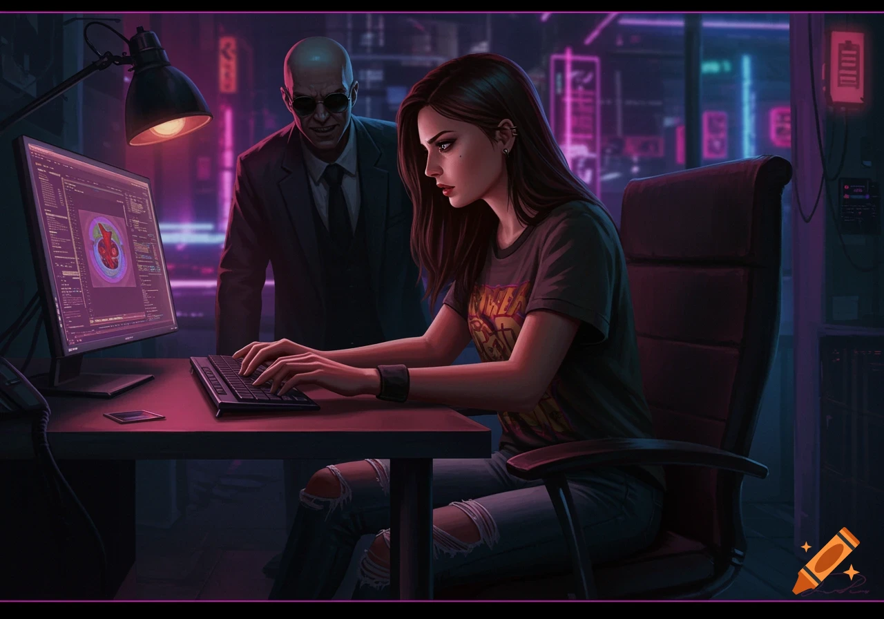 Digital painting of a woman coding on a computer in a cyberpunk room with a bald man standing behind her.