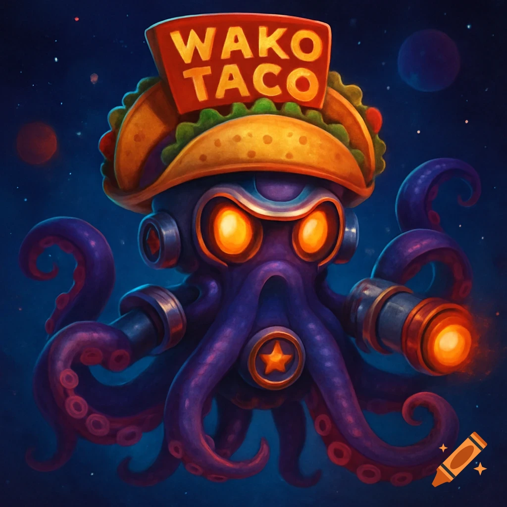 Cartoon purple octopus wearing a taco hat in space