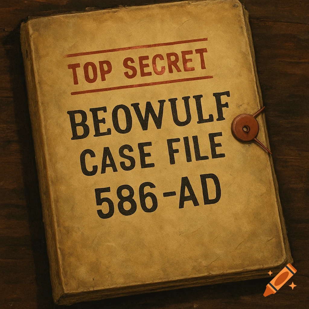 A worn folder labeled TOP SECRET BEOWULF CASE FILE 586-AD lies on a wooden surface.