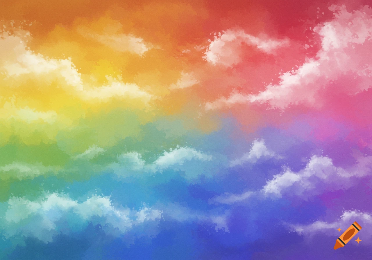Painterly background with a rainbow color gradient and soft cloud textures.