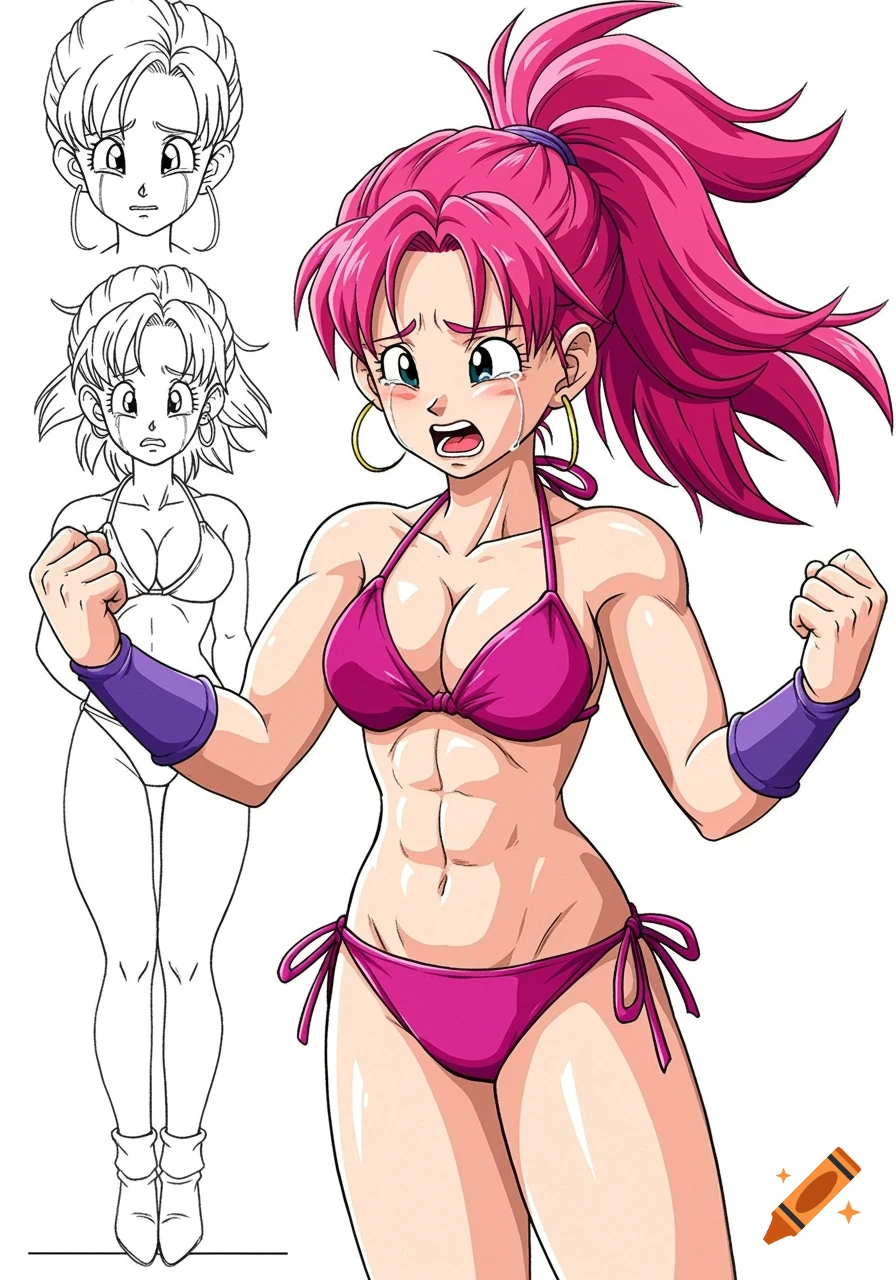 Anime model sheet of Dragon Ball Z character Videl in a bikini, crying and flexing, with outline sketches.