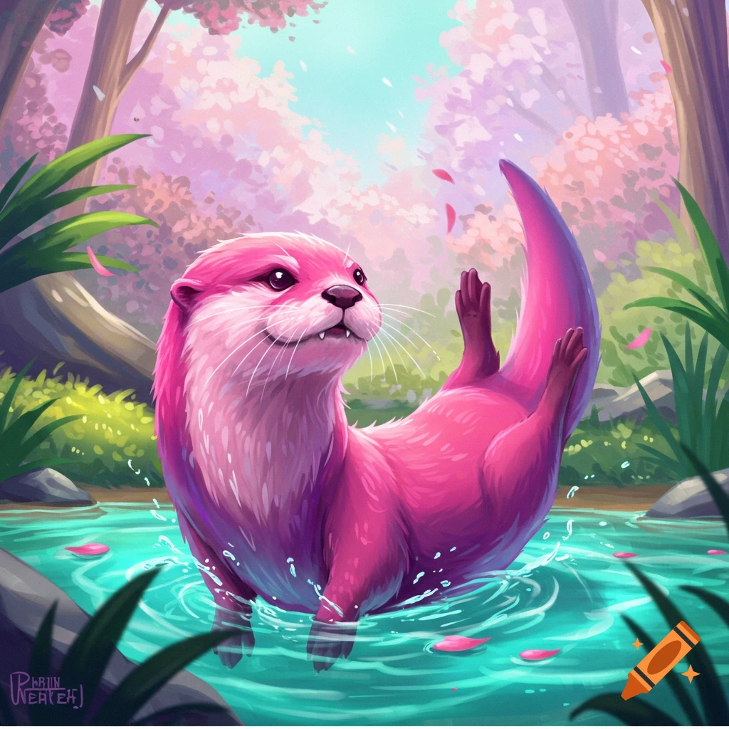 A pink and purple otter plays in shallow water in a brightly colored fantasy forest with pink trees.