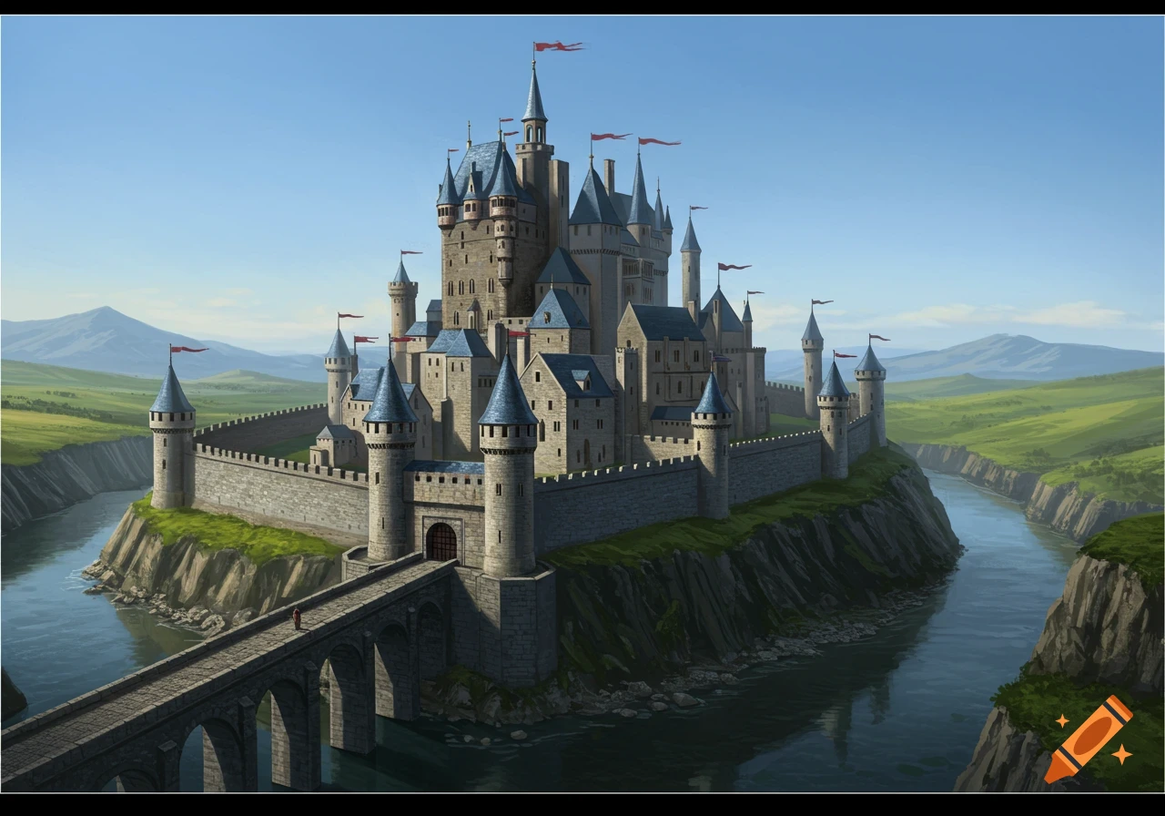 A large medieval fantasy castle on a cliff overlooking a river, with a ...