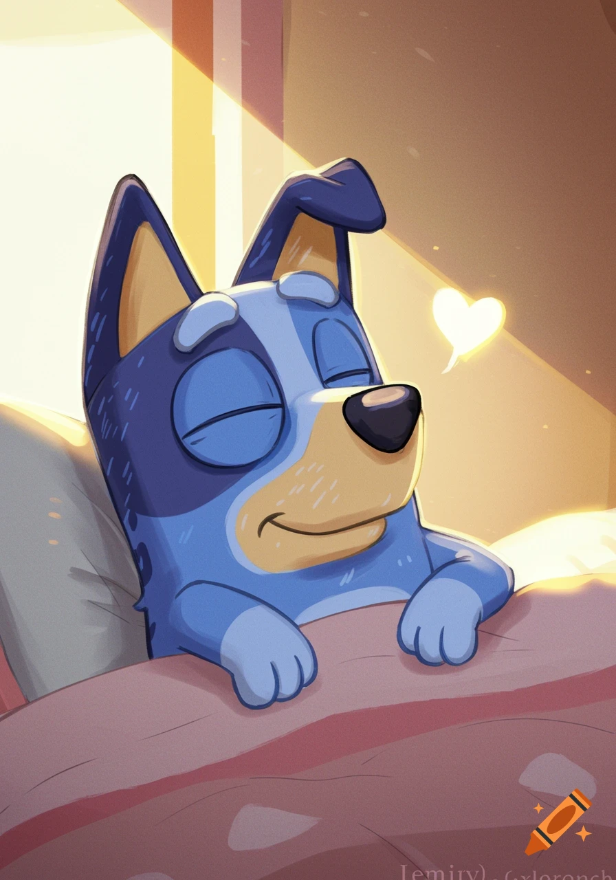 Bluey sleeping in a bed with morning sunlight