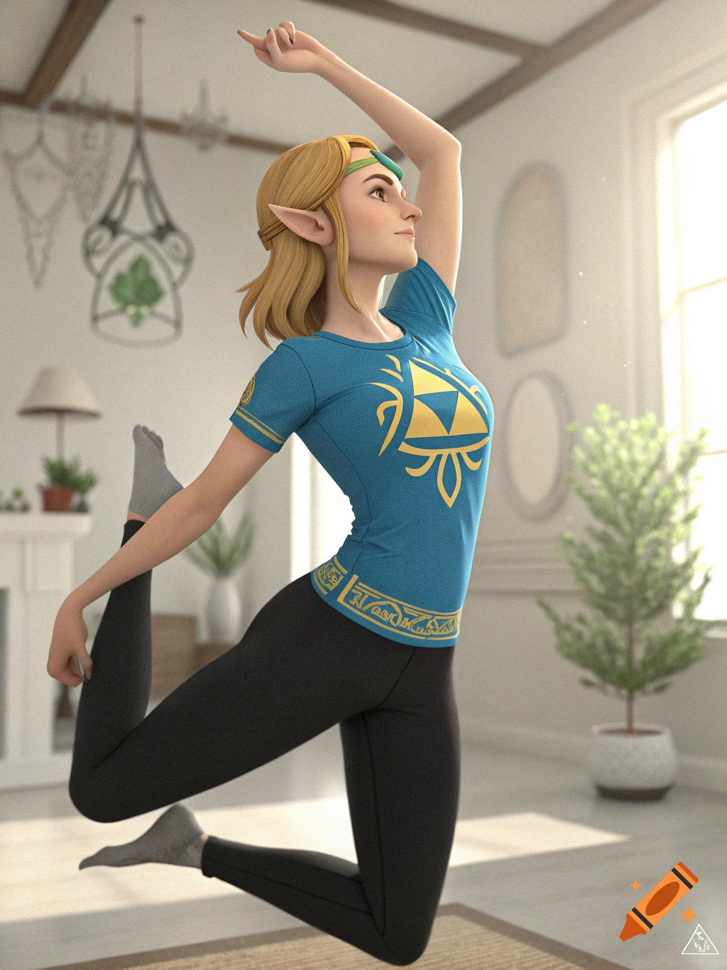 3D rendering of a character resembling Zelda doing a yoga pose in a room.