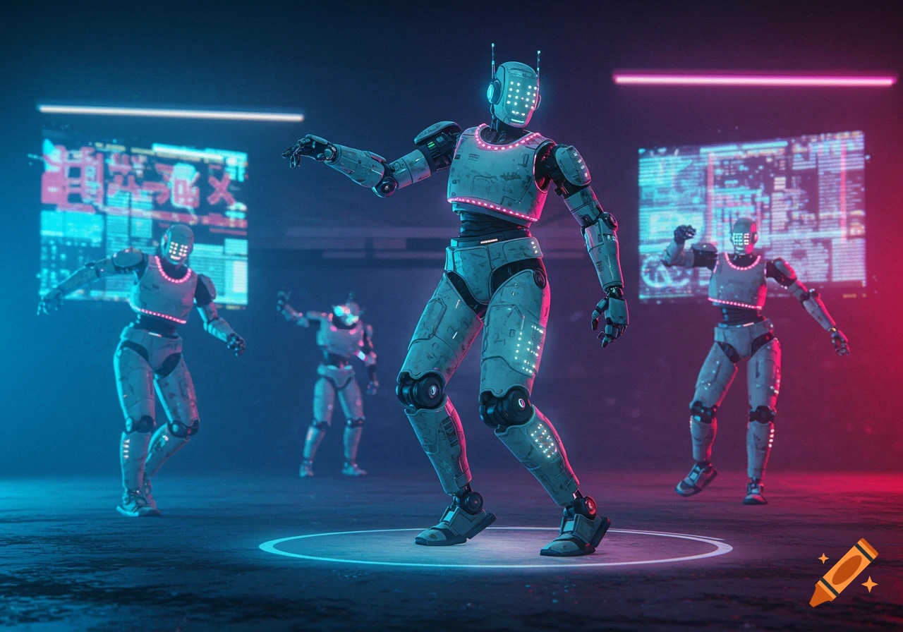 Robots dancing in a cyberpunk setting with neon lights.