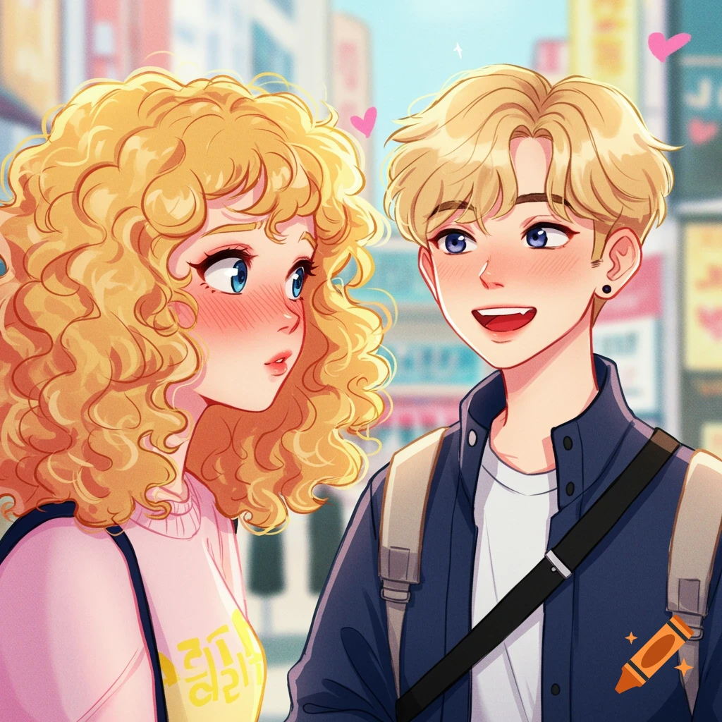 Anime illustration of a girl blushing at a boy on a street.