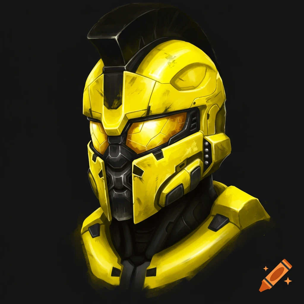 A detailed illustration of a bright yellow sci-fi helmet with a black mohawk crest.