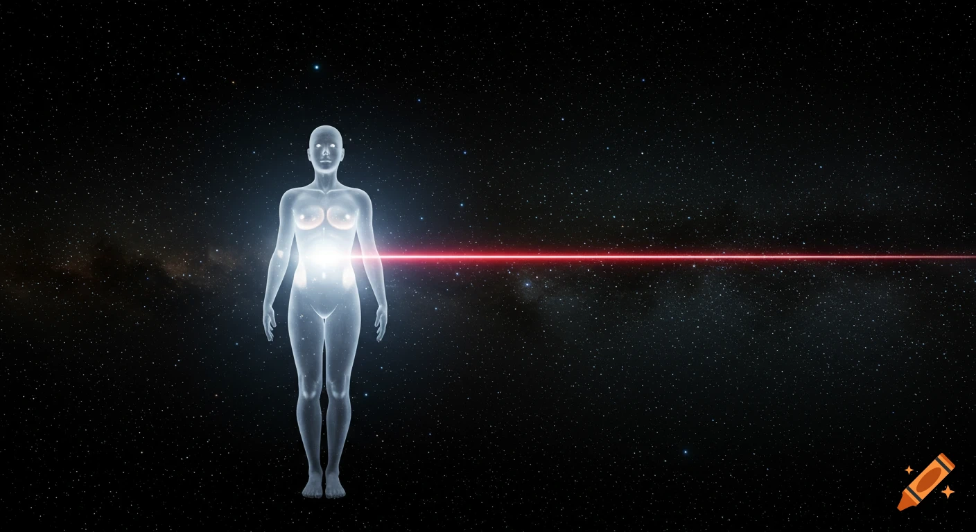 An ethereal figure stands in starry space with a red laser beam passing horizontally.