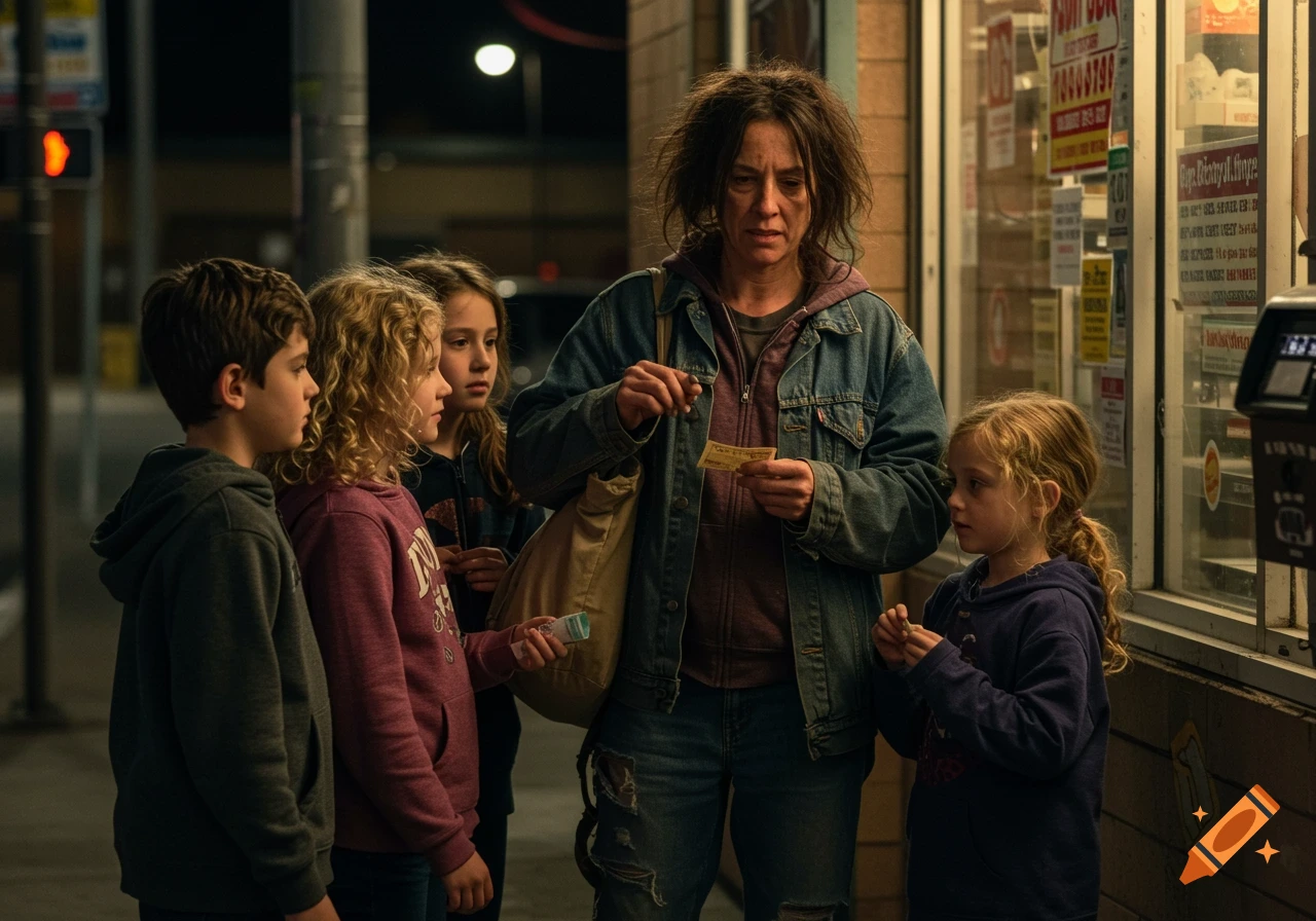 Photorealistic image of a woman and four children standing outside a corner store at night.
