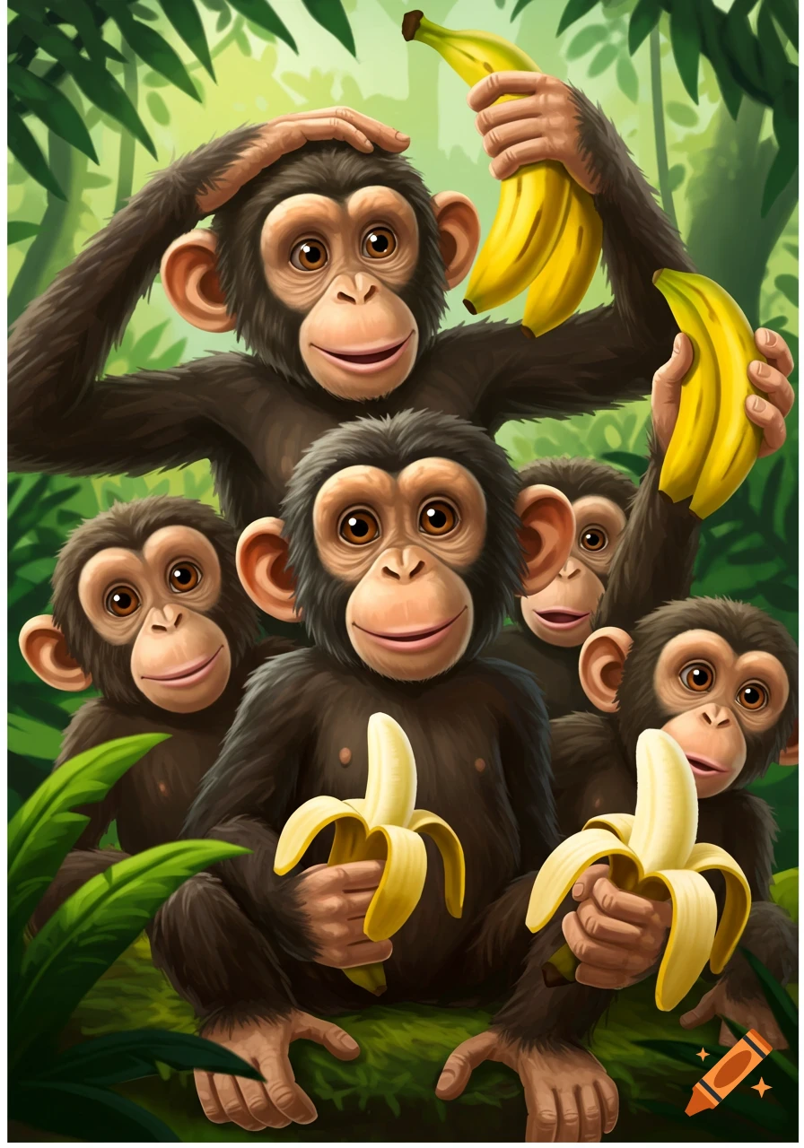 Illustrated group of chimpanzees holding bananas in a jungle setting.
