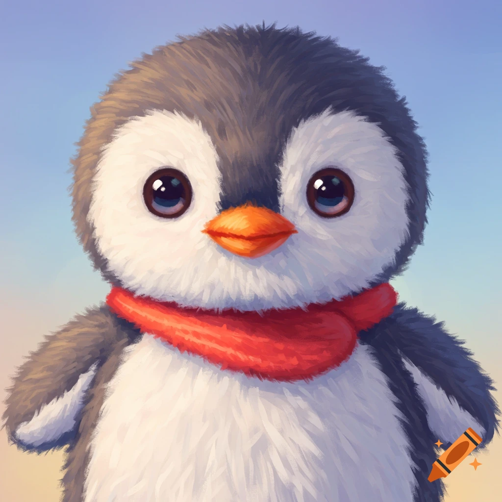 Close up of a cute, fluffy penguin plushy wearing a red scarf, digital art