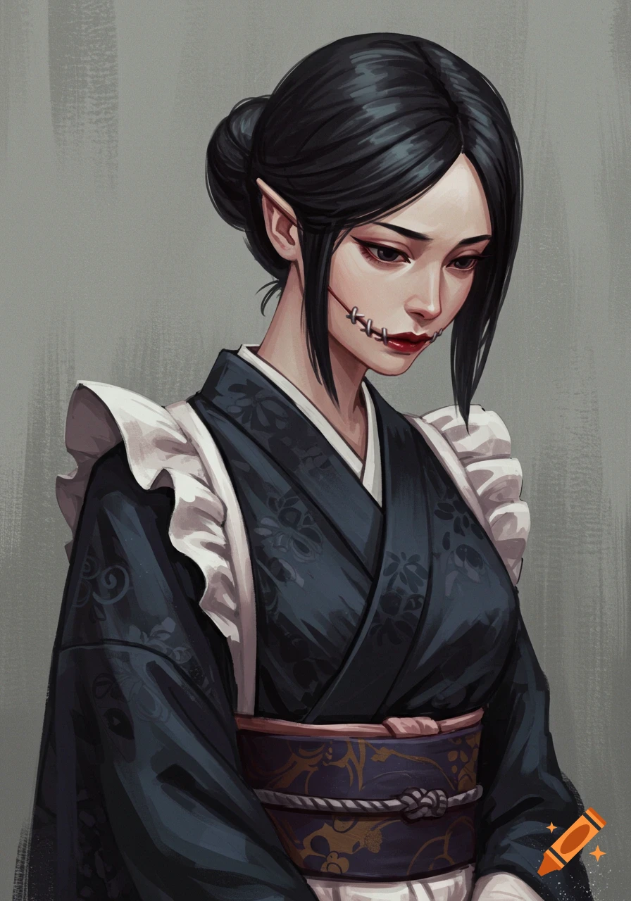 Digital painting of a woman with pointy ears and stitched cheeks wearing a kimono.