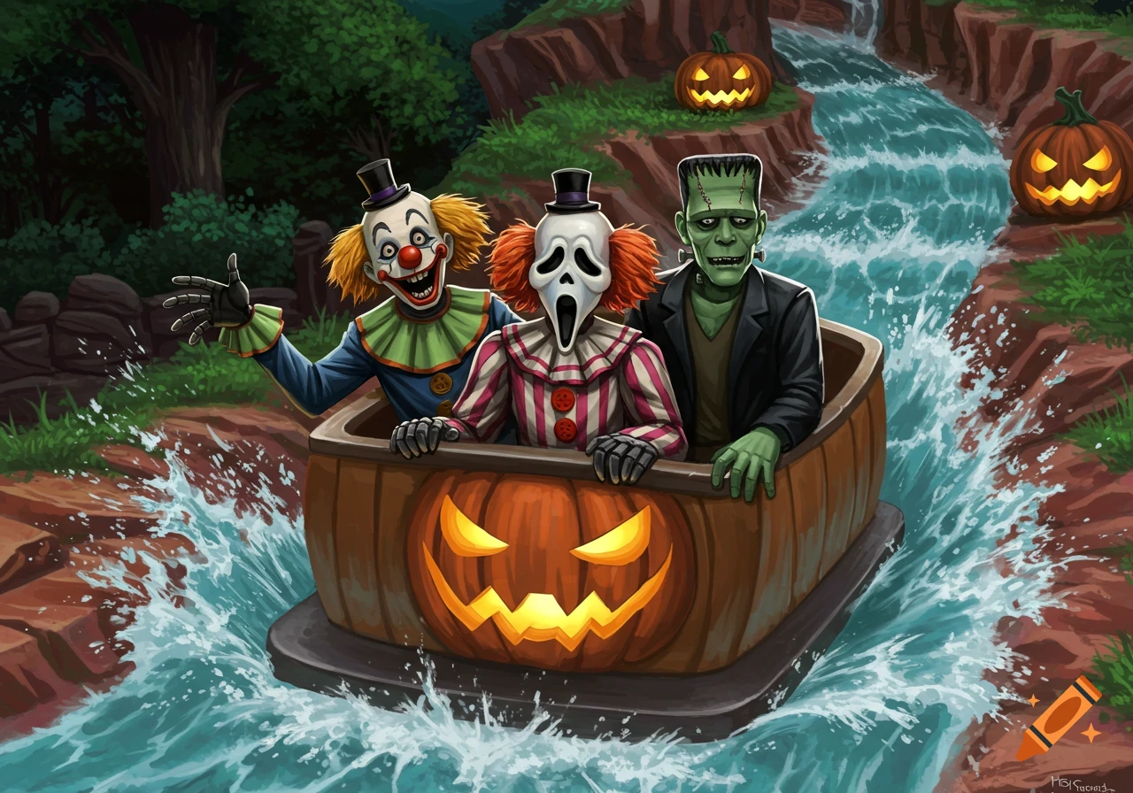 Halloween characters including a clown, ghost mask figure, and Frankenstein ride a pumpkin log flume.