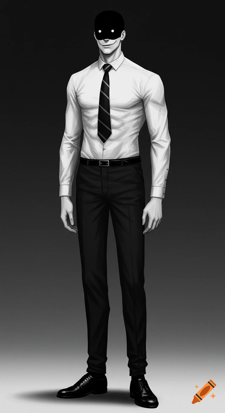 Full body illustration of a tall, muscular man in a suit and tie with a black mask covering his face, showing white eyes and a smile.