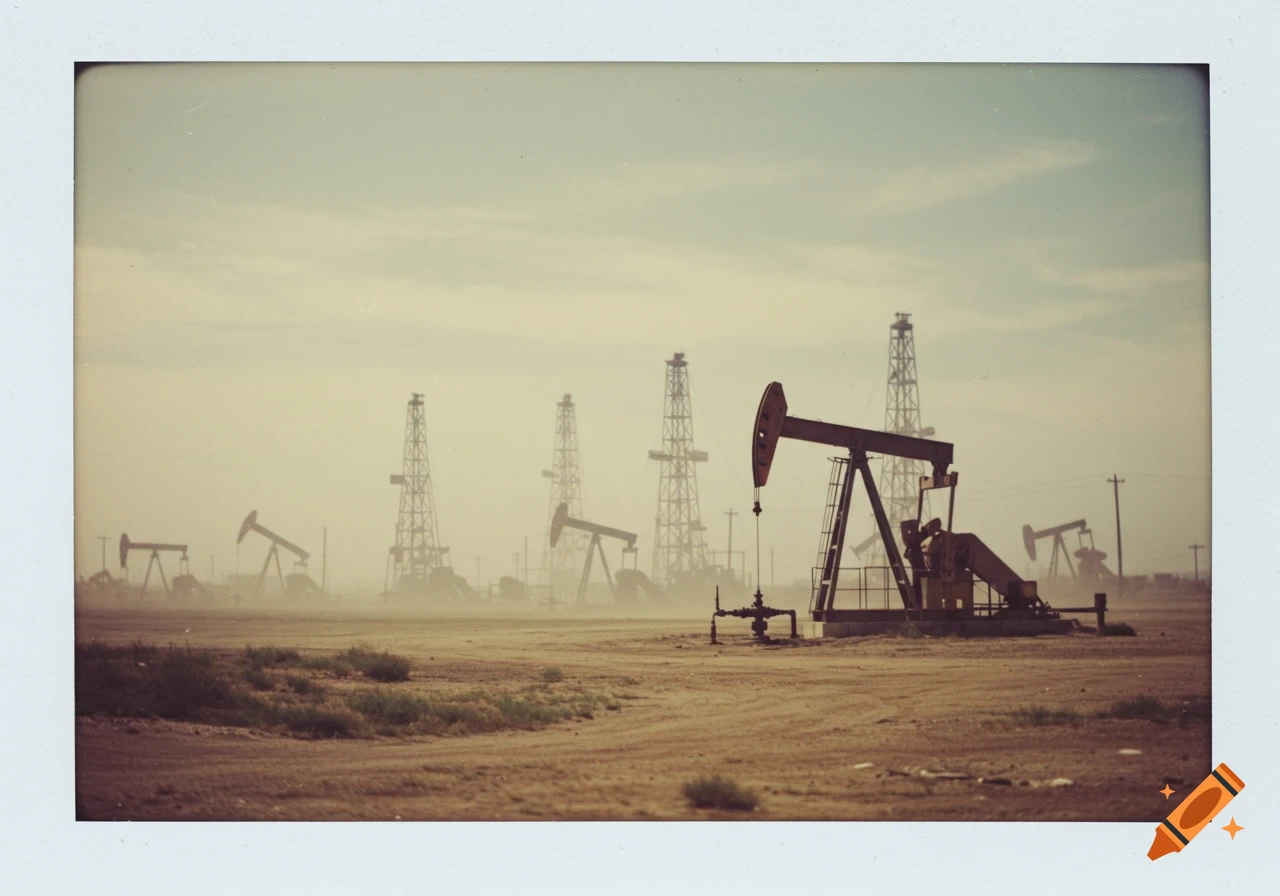 Vintage style photo of multiple oil derricks and pumpjacks in a hazy, dusty field.