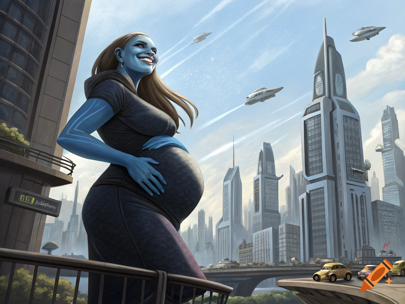 A pregnant blue alien woman stands on a balcony looking at a futuristic cityscape with flying vehicles.
