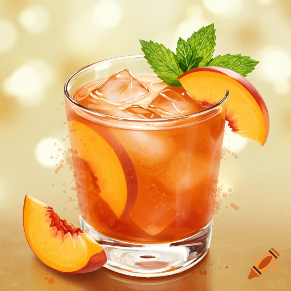 Watercolor illustration of a peach cocktail with ice, peach slices, and mint