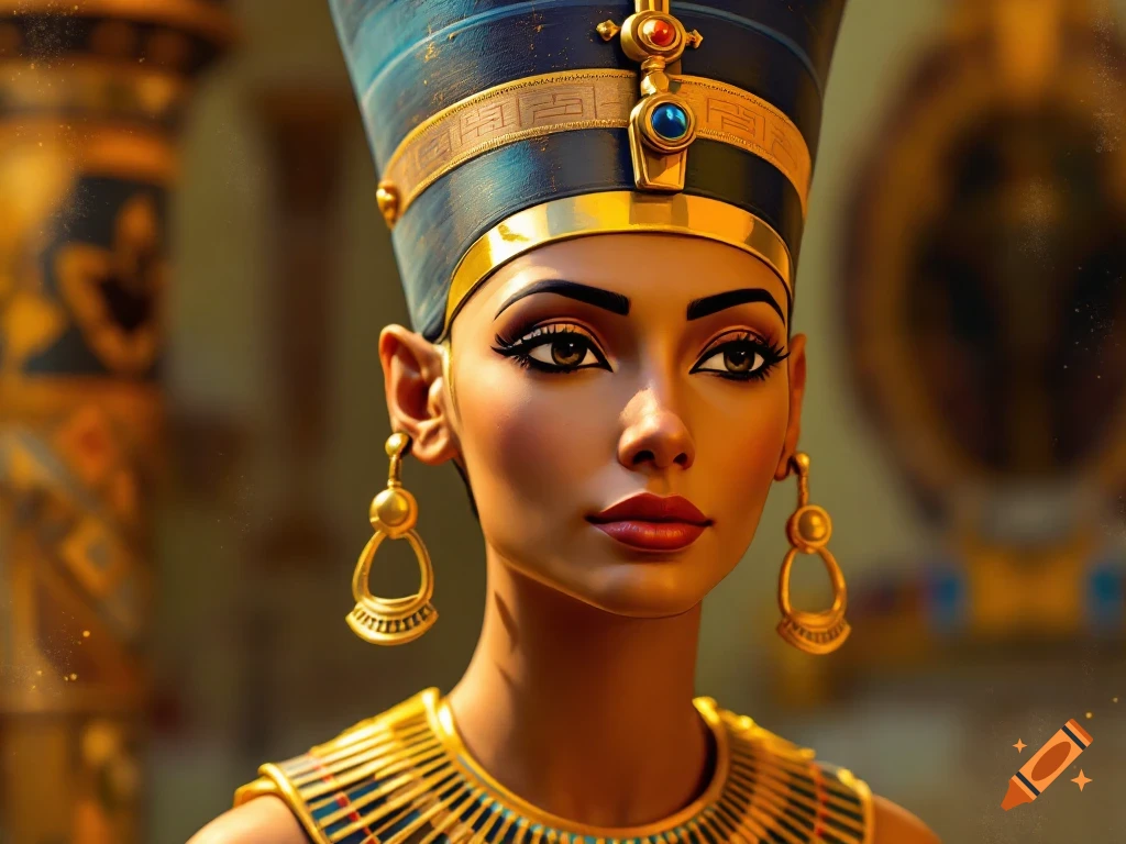 Close-up portrait of a woman dressed as Nefertiti in ancient Egyptian headdress and jewelry.