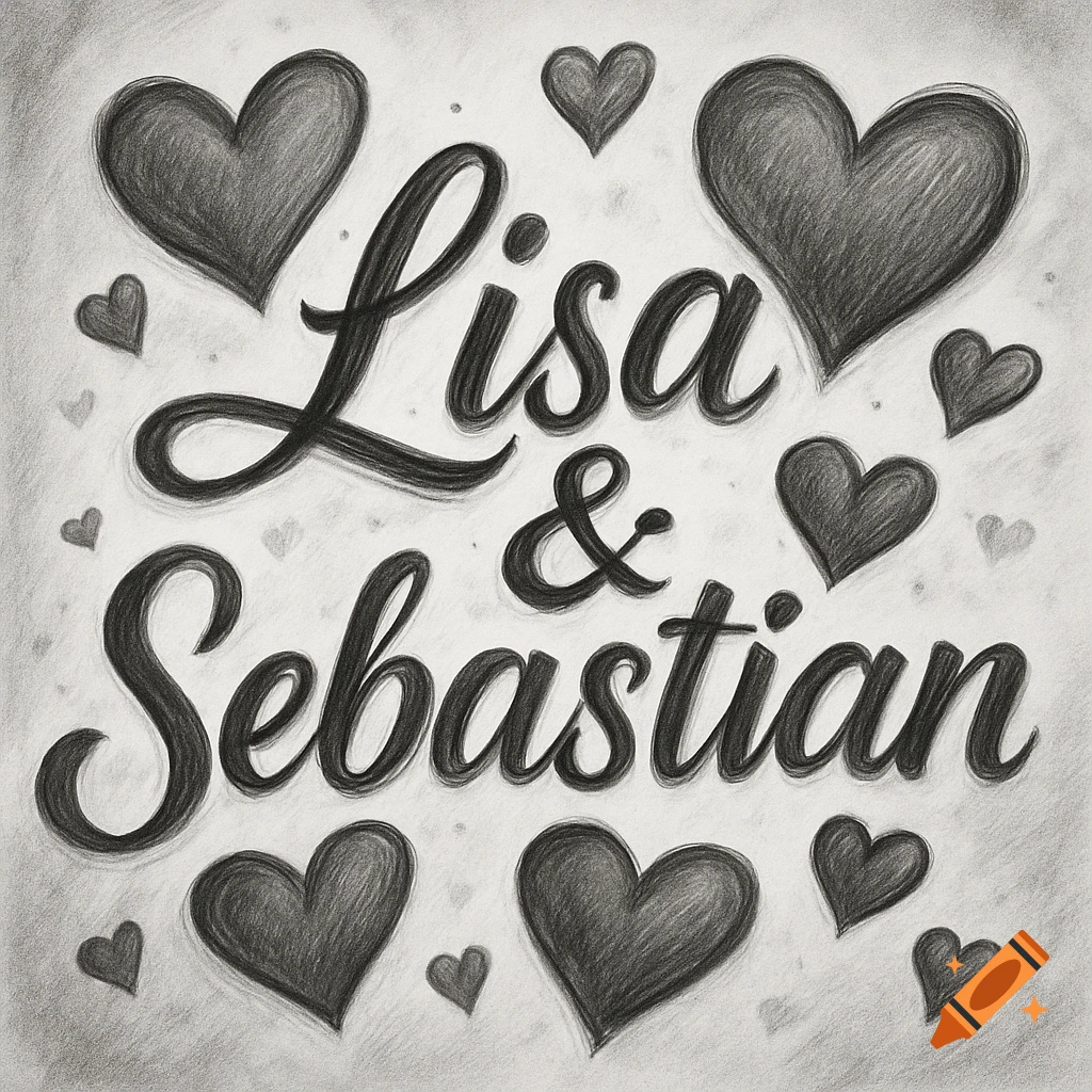 Calligraphic names Lisa & Sebastian surrounded by hearts in a black and white sketch
