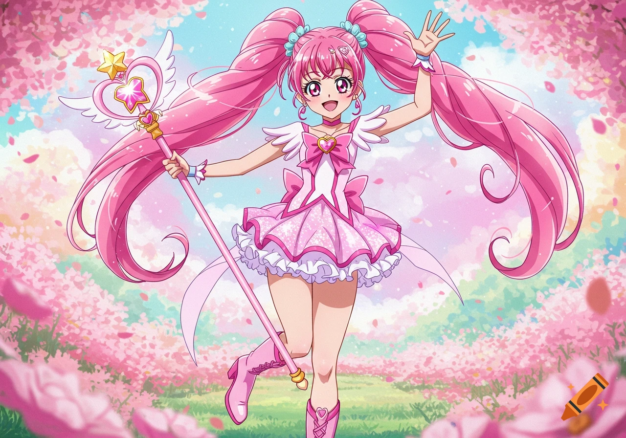 Anime magical girl with pink hair holding a staff in a field of pink flowers.