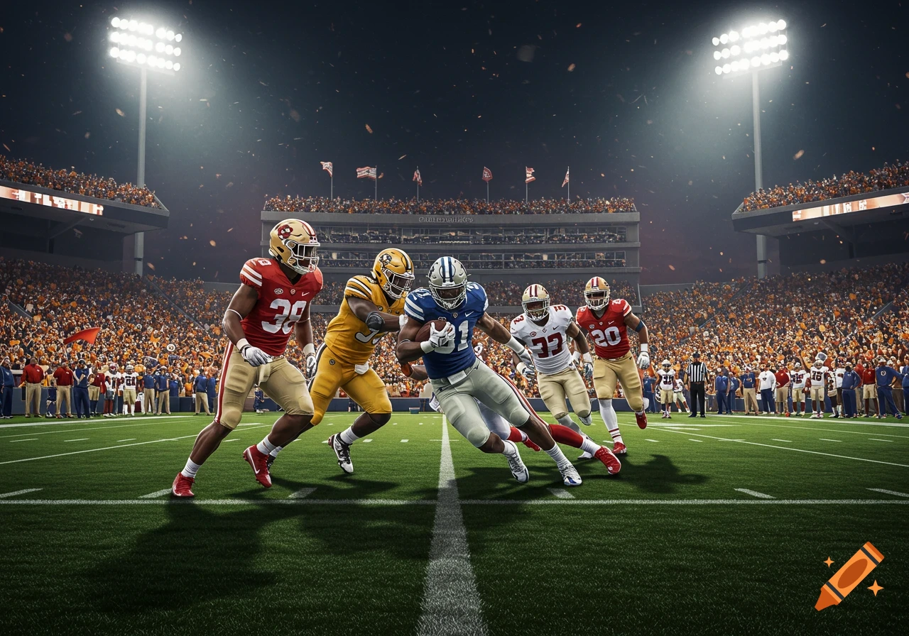 Players in red, gold, and blue uniforms compete in an American football game under stadium lights.