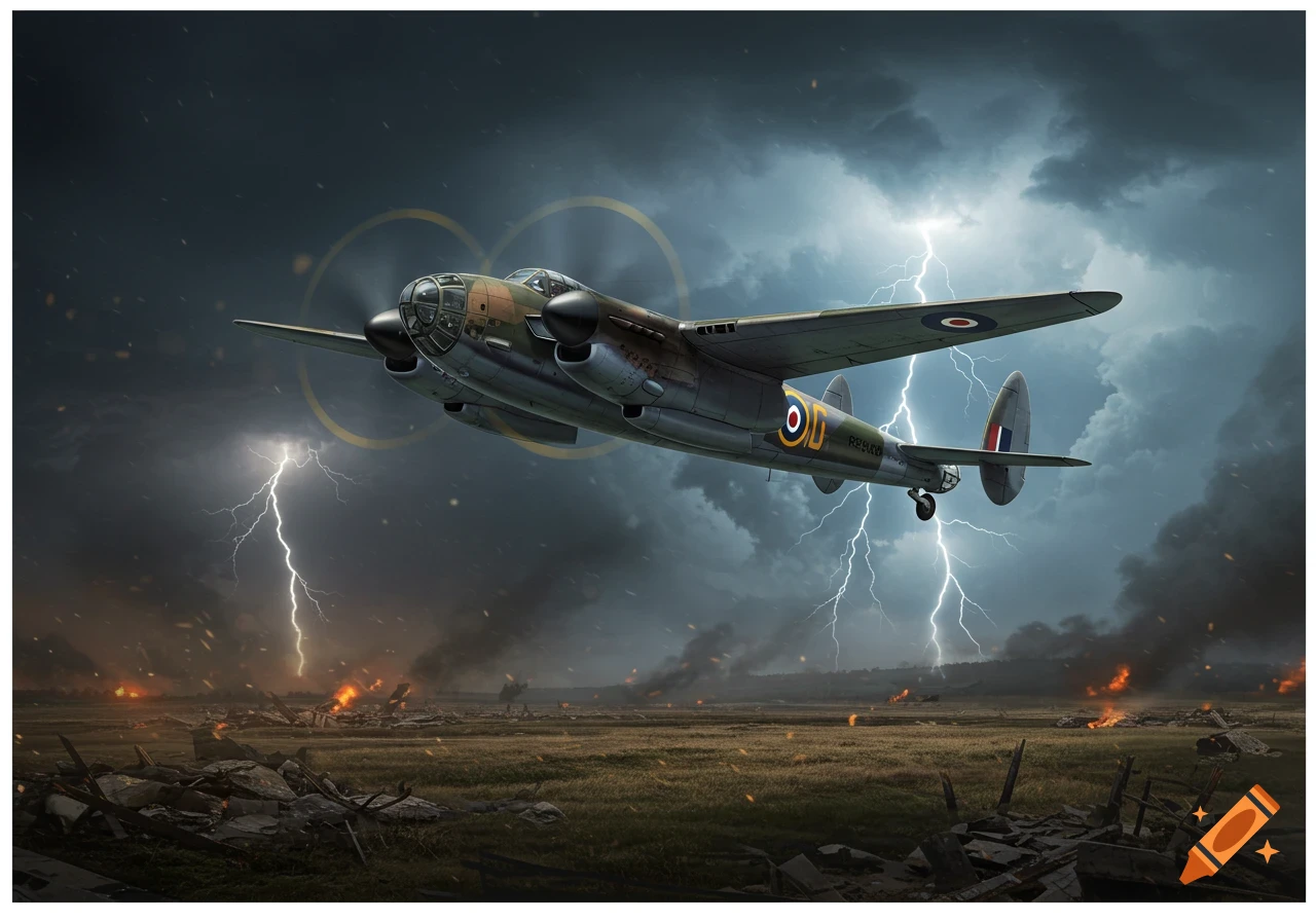 Mosquito plane flying through a stormy sky with lightning and destruction below.