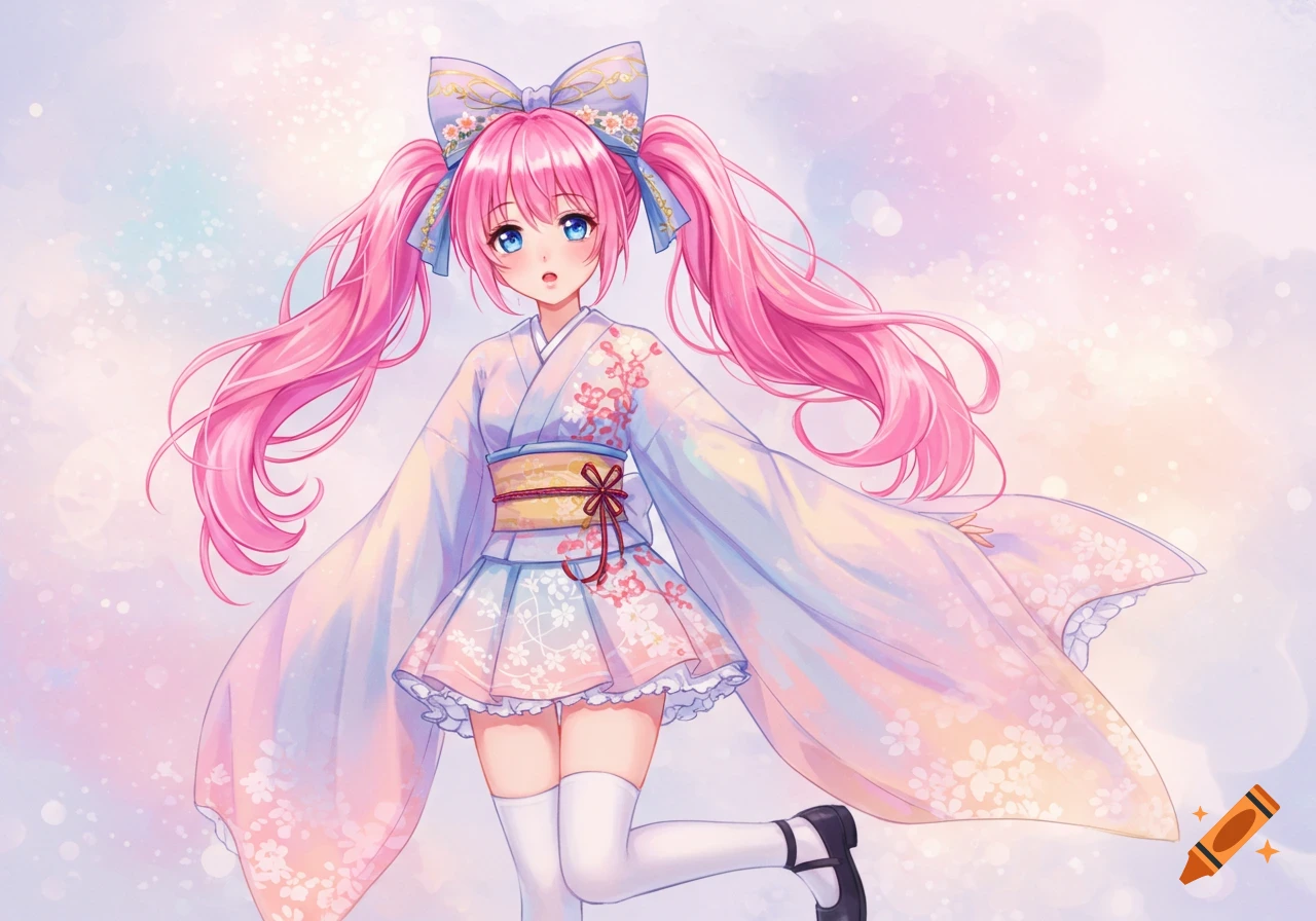 An anime girl with pink pigtails wears a pastel kimono dress.
