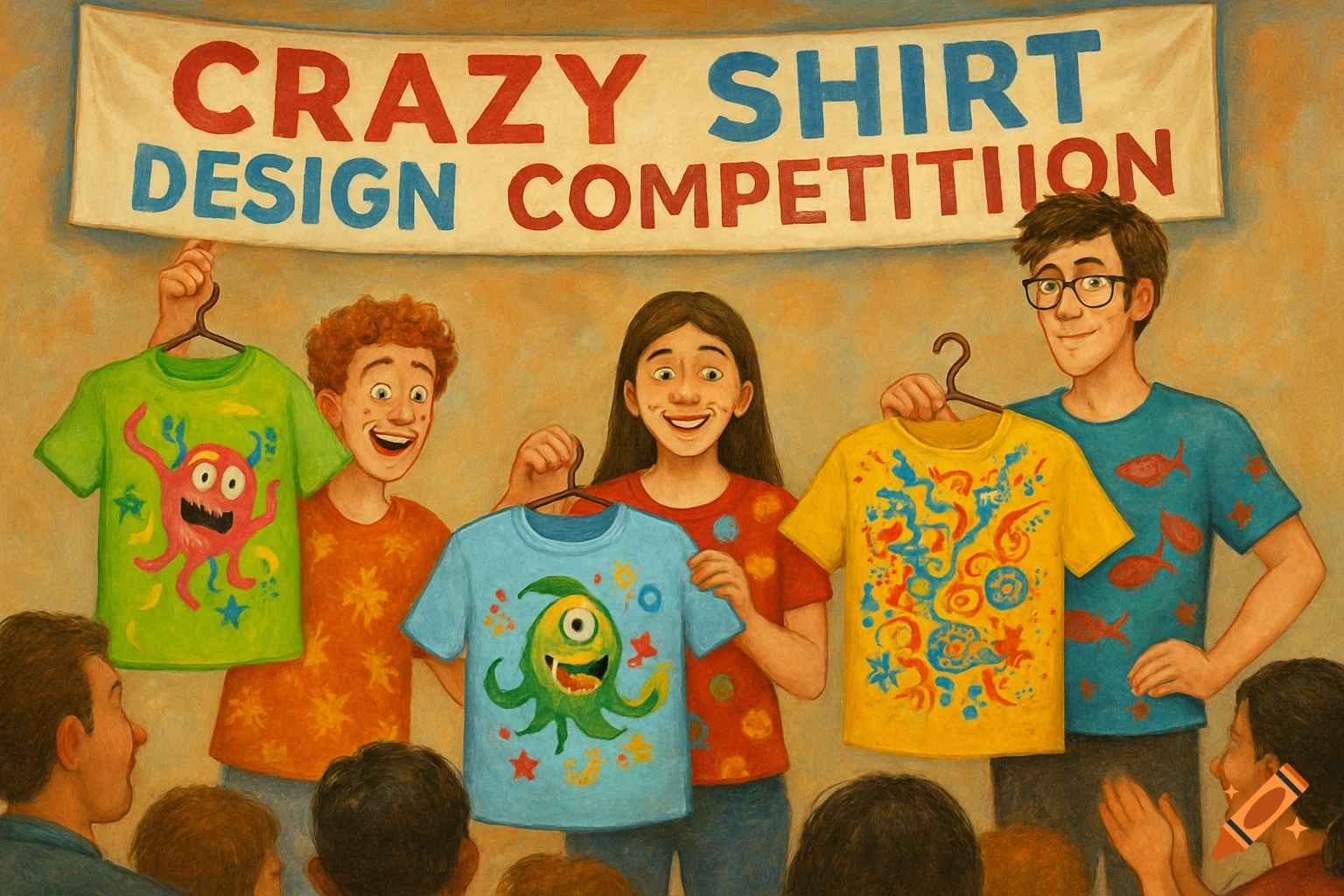Children holding up colorful t-shirts at a design competition, illustration style.