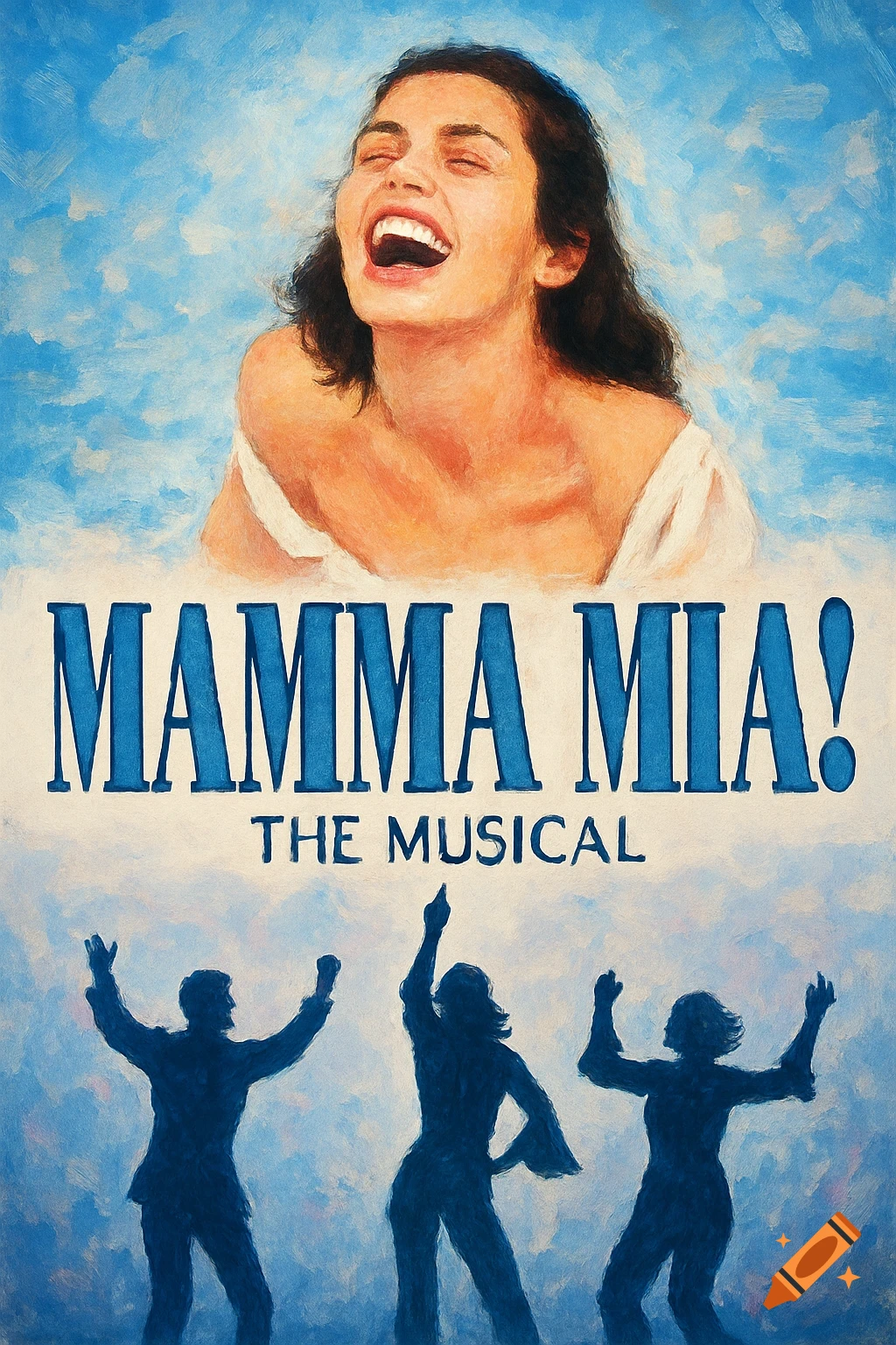 Painterly poster for Mamma Mia! The Musical, showing a woman laughing against a blue sky and silhouettes of three people dancing below.