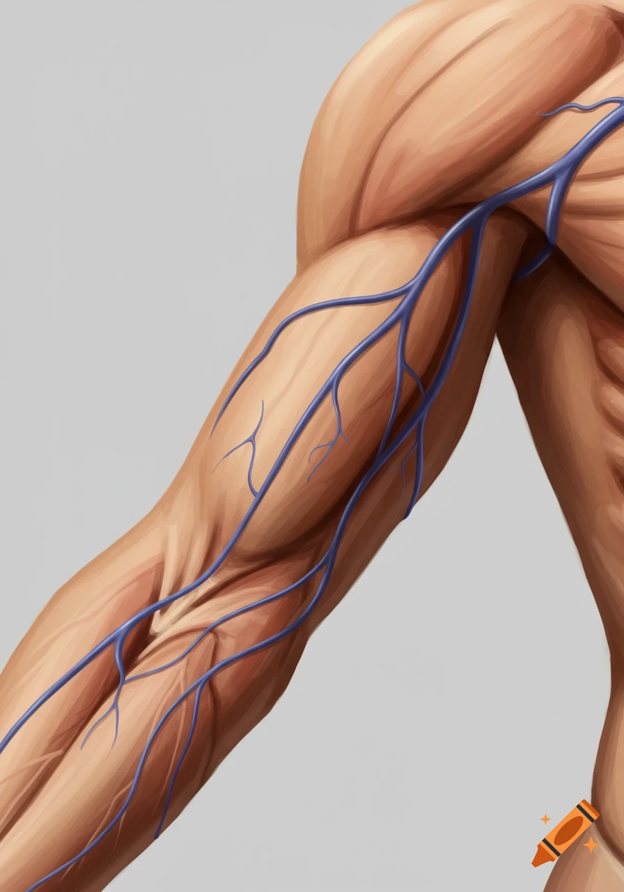 Close-up of a muscular human arm showing prominent blue veins in a realistic art style.