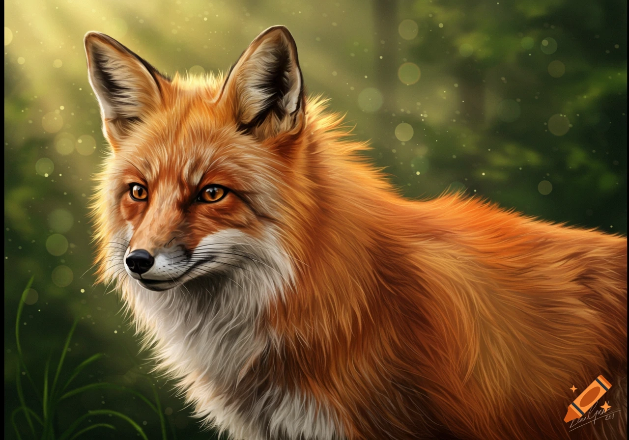 Close-up digital painting of a red fox in a forest setting with sun rays.