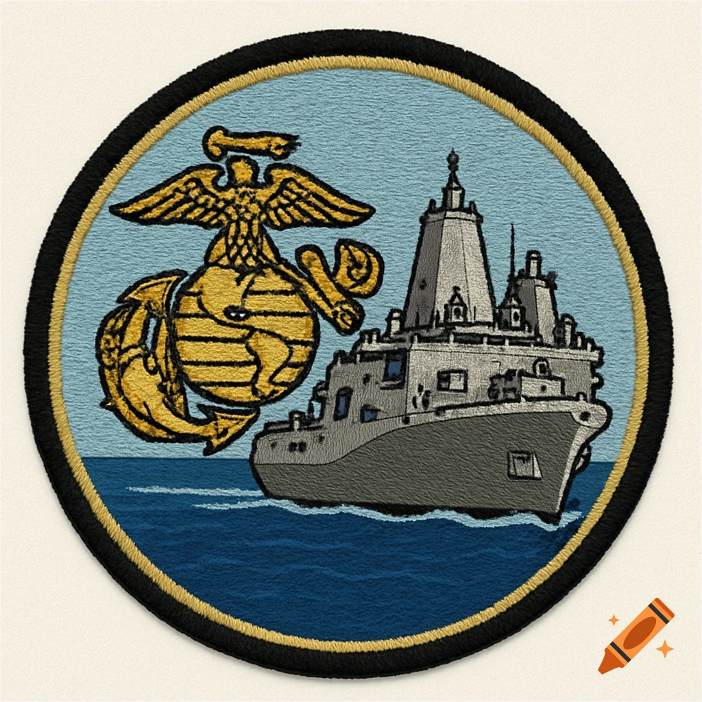Circular embroidered patch featuring the US Marine Corps Eagle, Globe, and Anchor emblem next to a ship.