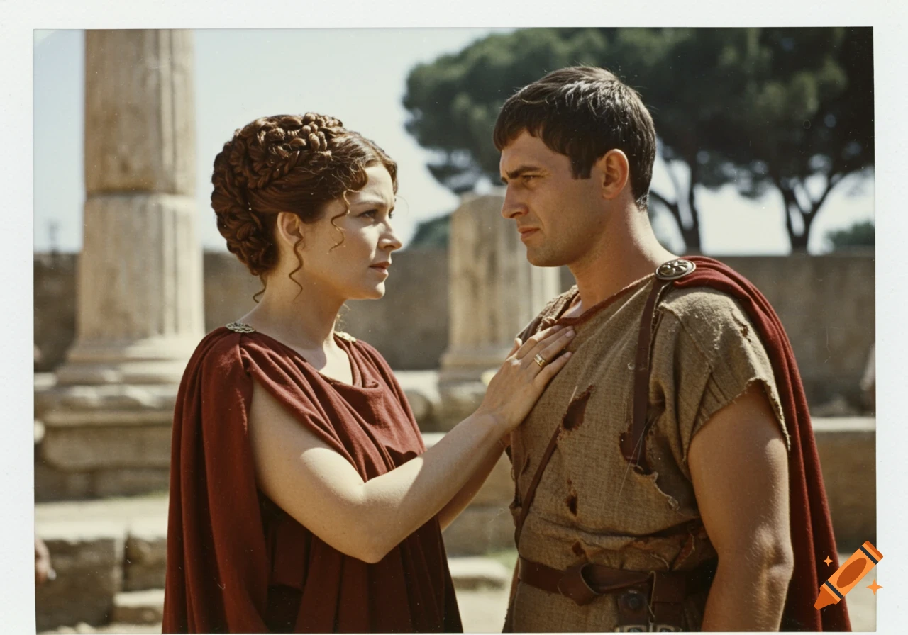 A man and woman in ancient Roman or Greek clothing stand looking at each other near stone columns.