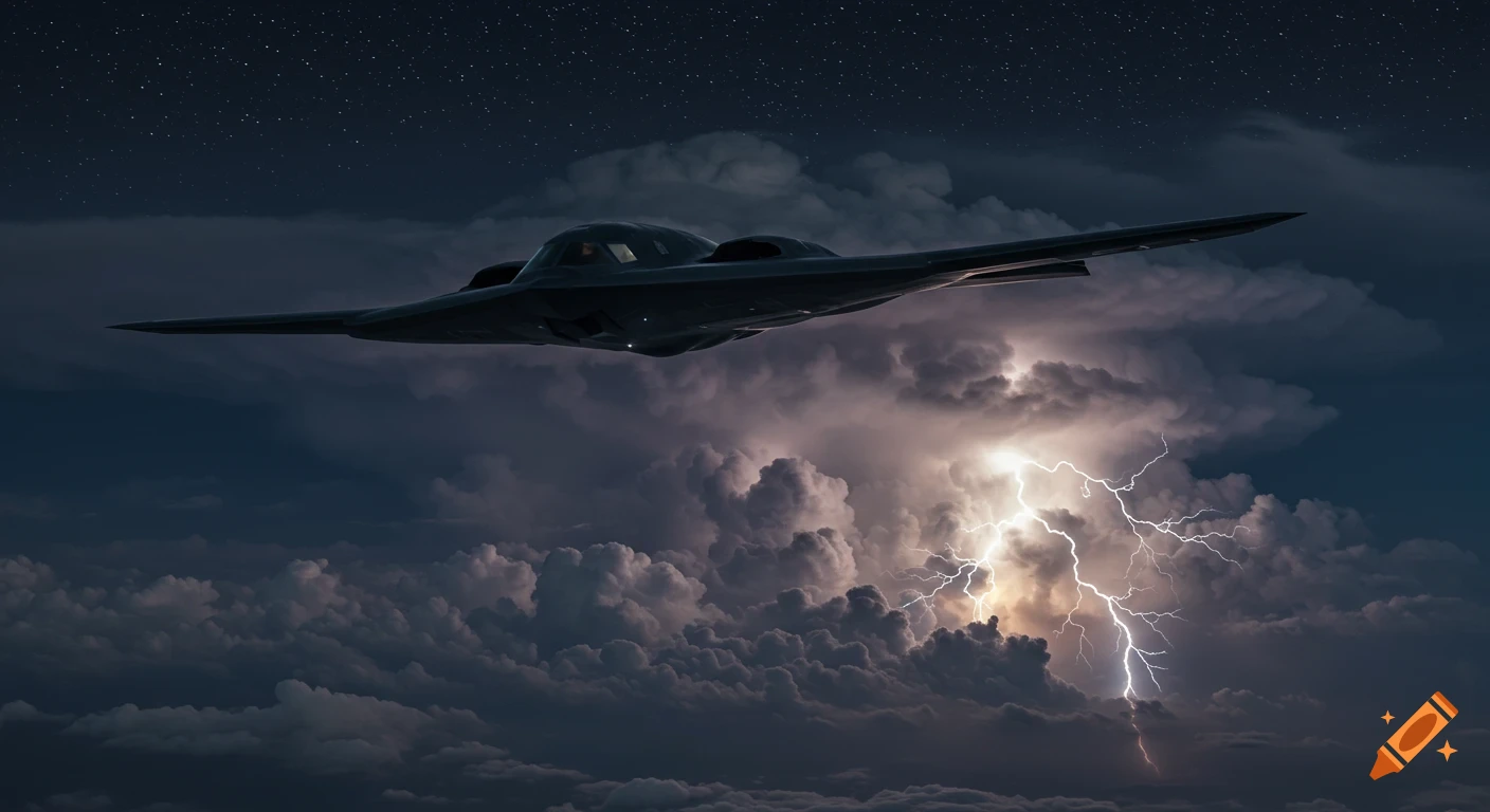 Stealth bomber flies over a thunderstorm at night, lit by lightning and stars