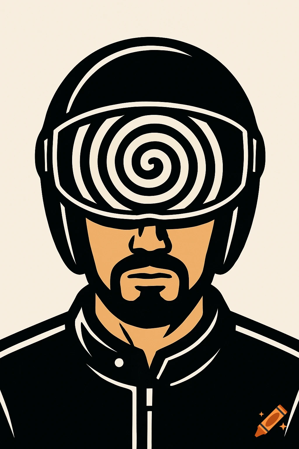 Stylized portrait of a man in a biker helmet with a spiral pattern on the visor.