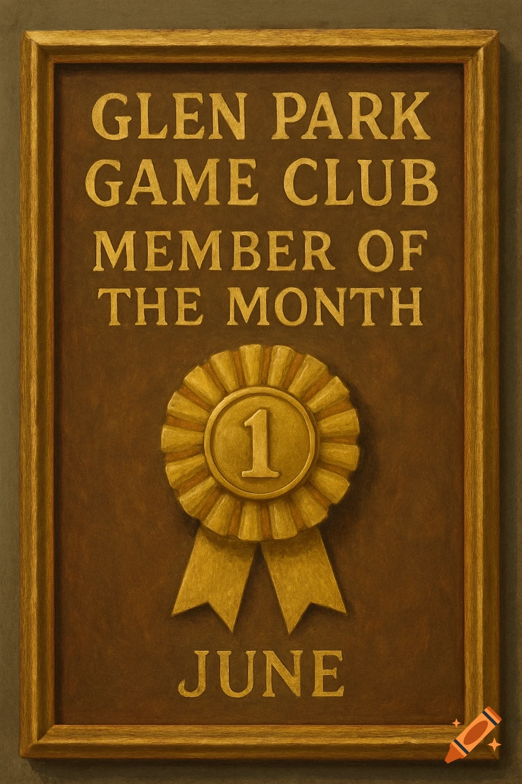A gold plaque award for Glen Park Game Club Member of the Month: June.