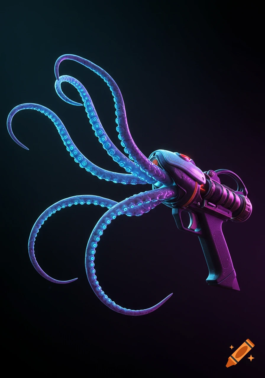 Futuristic gun with glowing blue octopus tentacles emerging from the barrel.