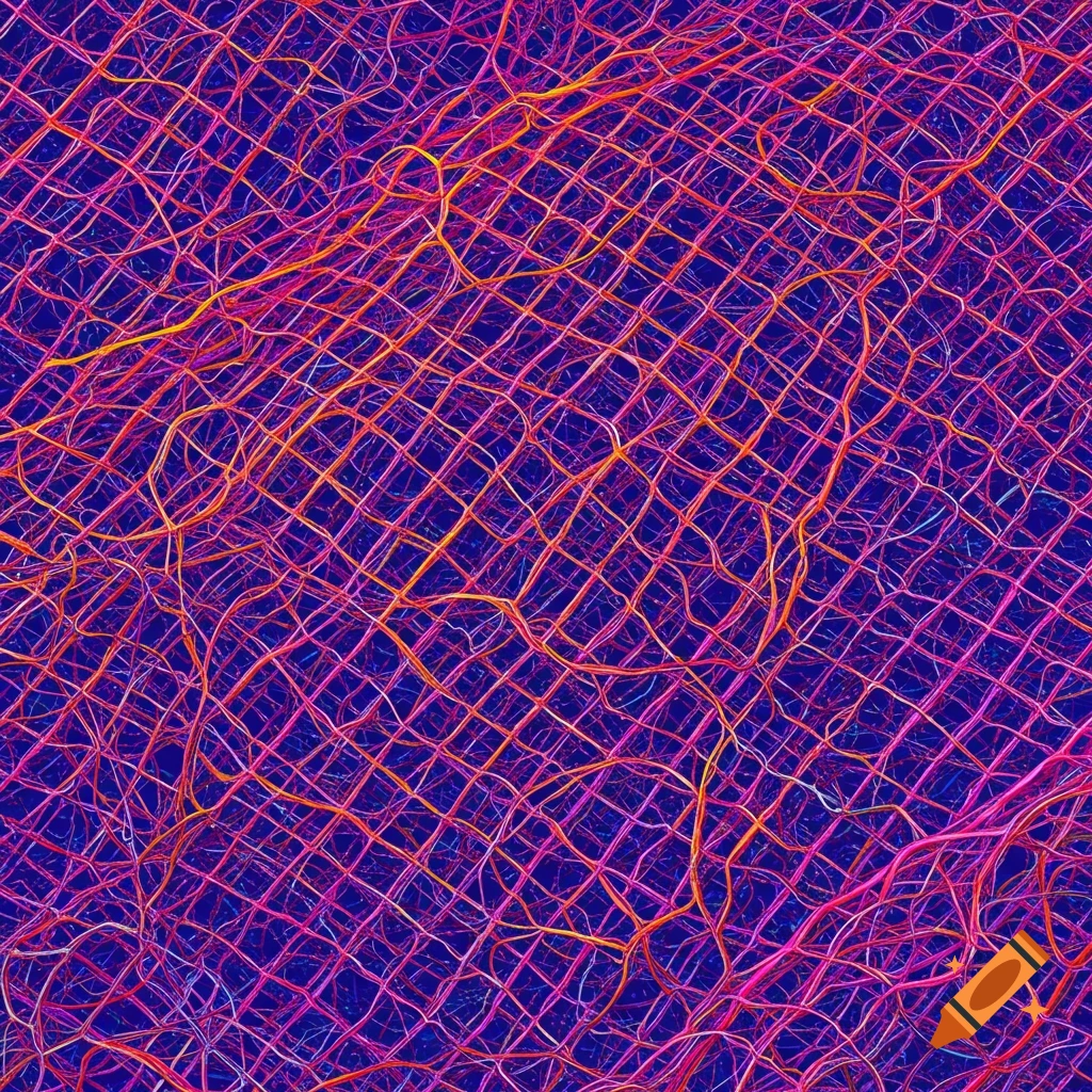 An abstract pattern of tangled pink, orange, and yellow lines against a deep blue background.