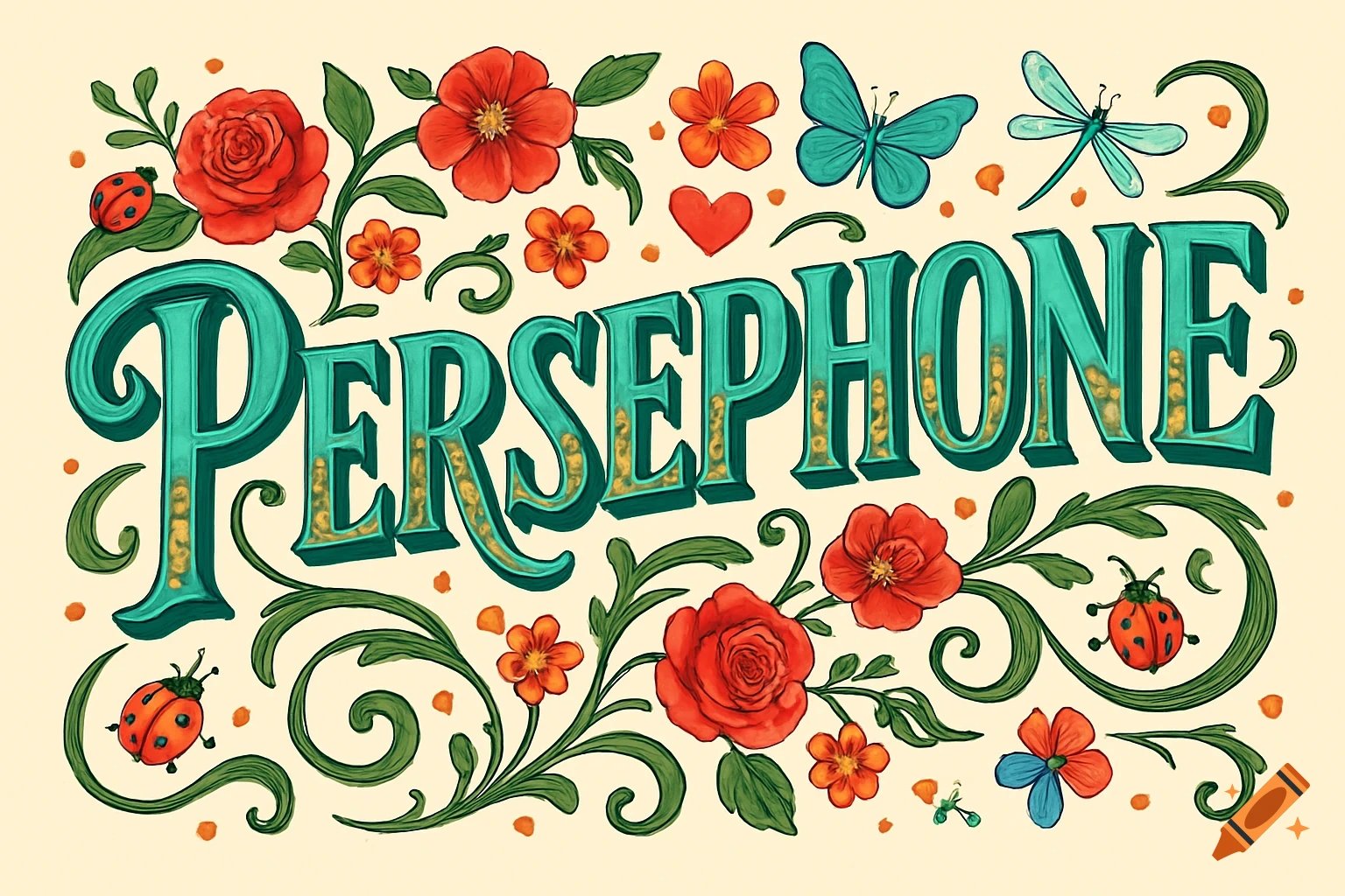 Fancy illustrated text of the name PERSEPHONE surrounded by flowers, ladybugs, butterflies, dragonflies, and hearts.
