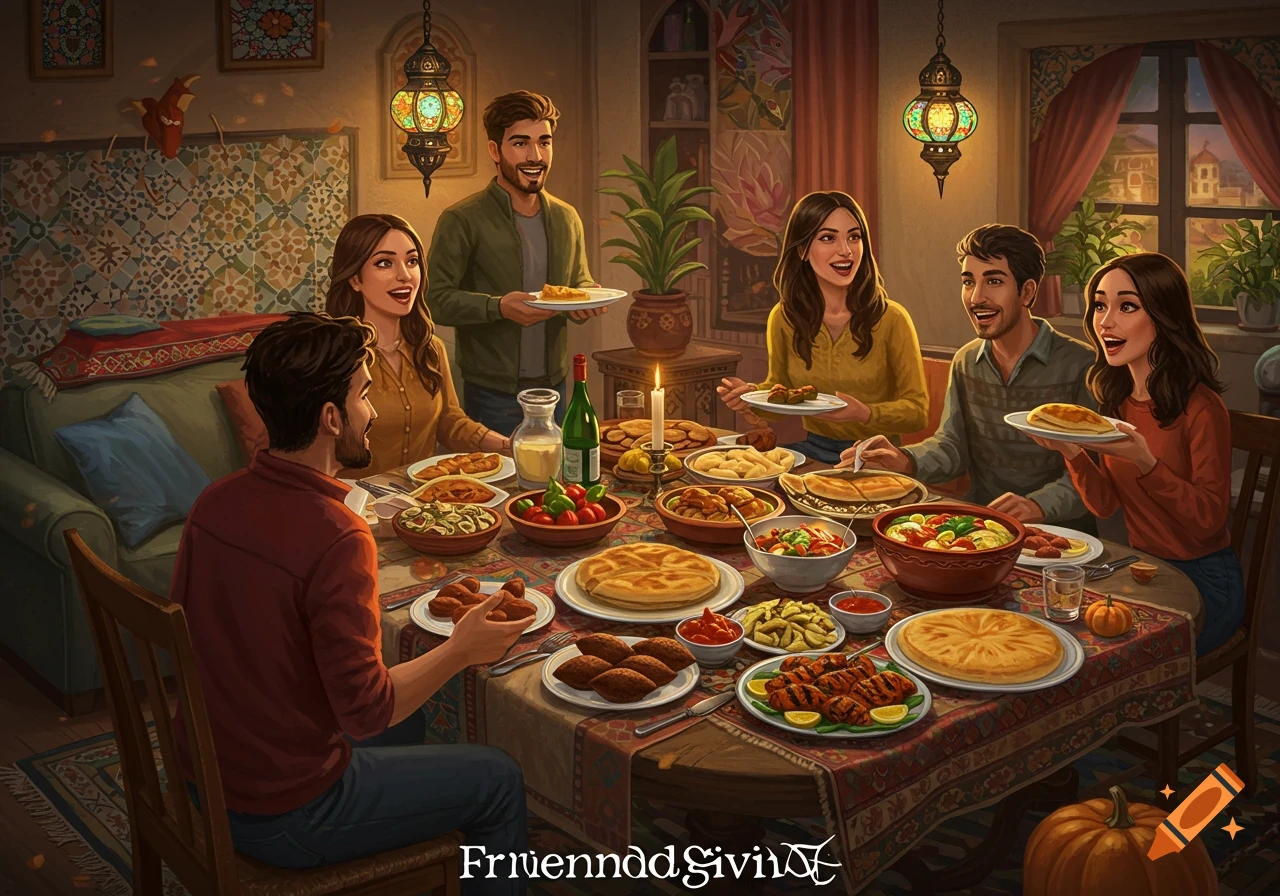 Illustration of a group of friends eating a large Lebanese-themed dinner around a table.