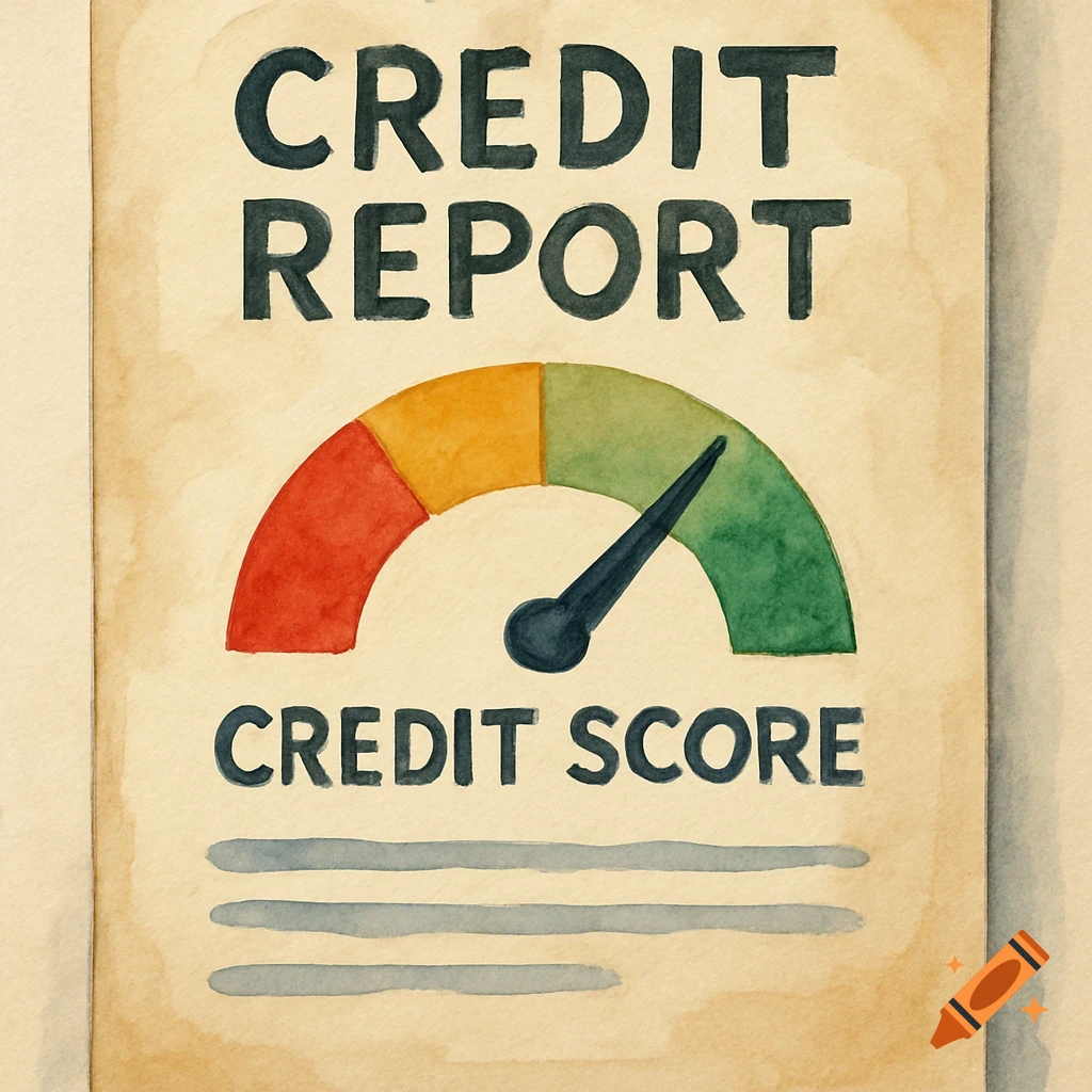 Watercolor painting of a credit report document with score gauge