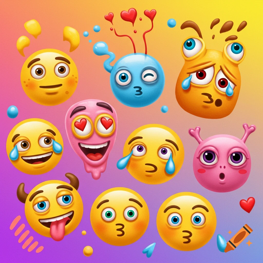 A colorful collection of unique stylized emojis showing various emotions and features against a gradient background.