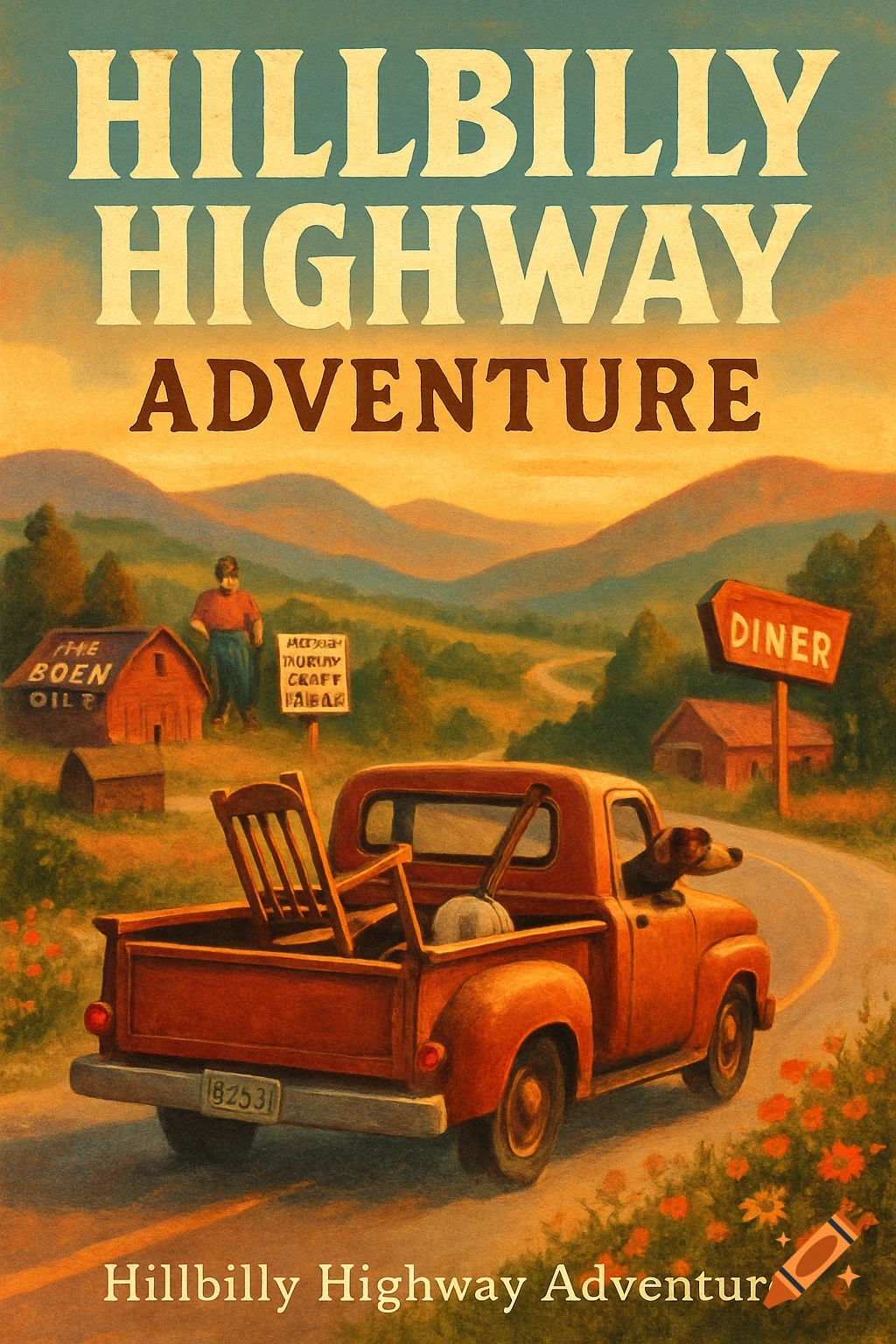 A vintage-style poster shows a red pickup truck with a rocking chair and a dog driving on a winding country road past barns and hills under a large sky, with the title "Hillbilly Highway Adventure".